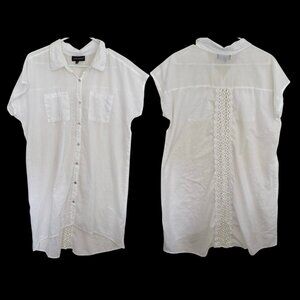 Club Z White Button Up Shirt Dress Cover Up M Embroidery Crochet Beachy Coastal